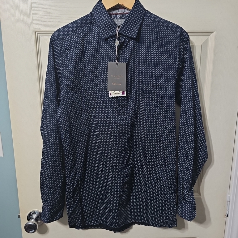TED BAKER Navy Blue Diamond Print Casual LS Button-Down Men's Size 15 NEW w/Tags
